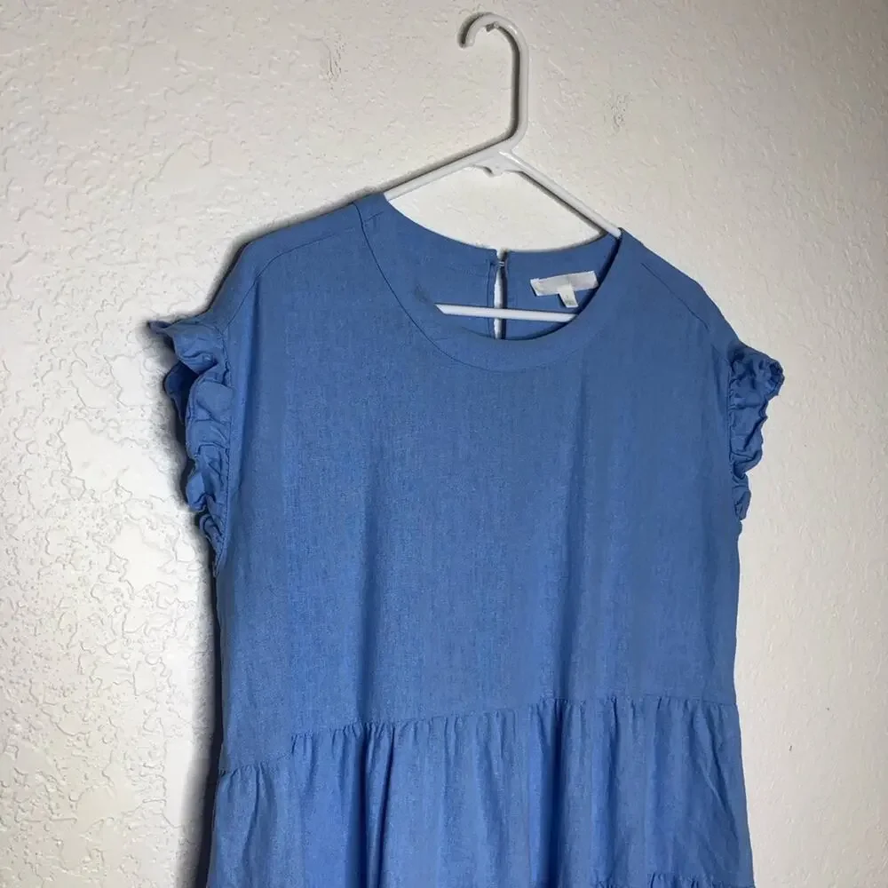 Adyson Parker blue ruffle trim tiered linen blend dress size Large